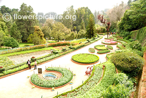 Government botanical garden with flower beds ponds